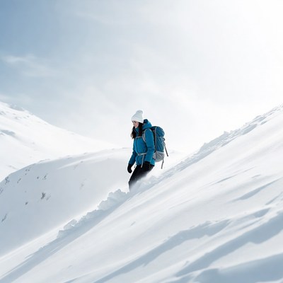 Woman hiking snowy mountain slope