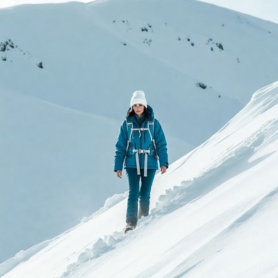 Woman hiking snowy mountain slope