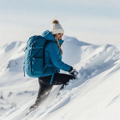 Woman hiking snowy mountain trail