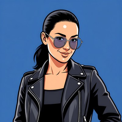 Asian woman in leather jacket sunglasses