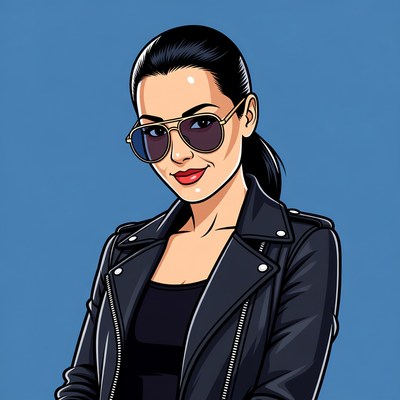 Asian woman in leather jacket sunglasses