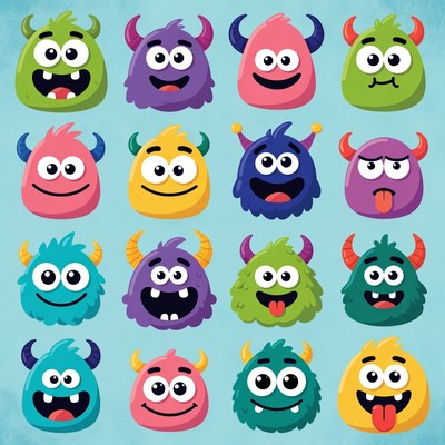 Colorful Cartoon Monster Faces Grid