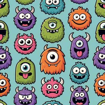 Colorful Cartoon Monster Faces Pattern