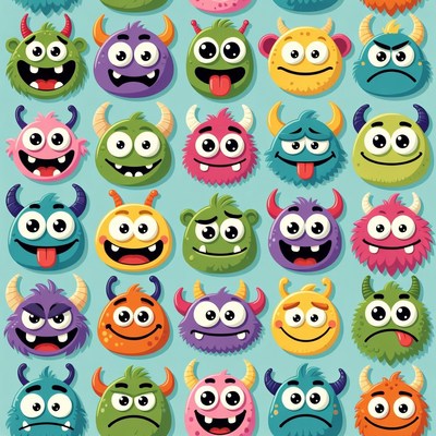 Colorful Cartoon Monster Faces Pattern