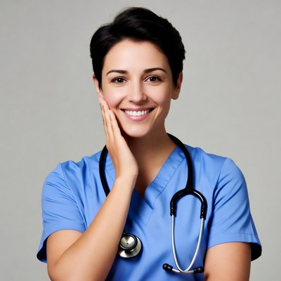 Smiling nurse touching cheek
