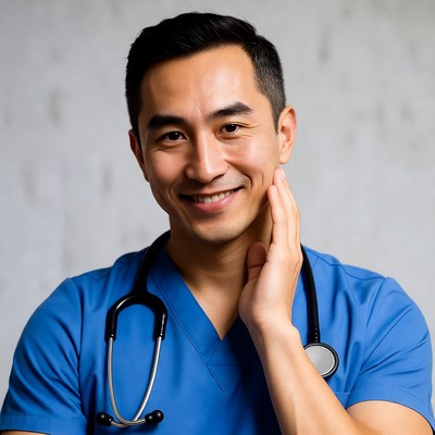Asian male doctor smiling with stethoscope