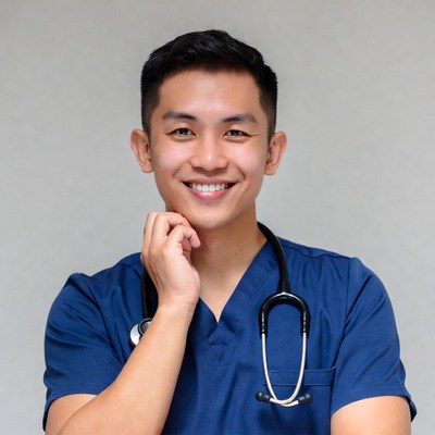 Asian male nurse smiling with stethoscope