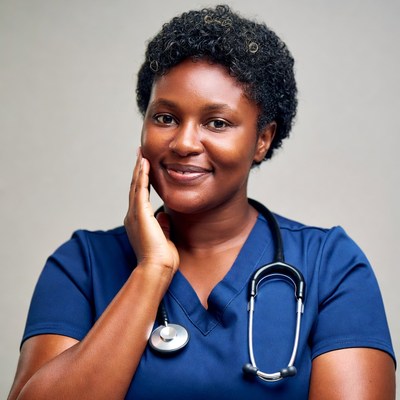Smiling African-American nurse touching cheek