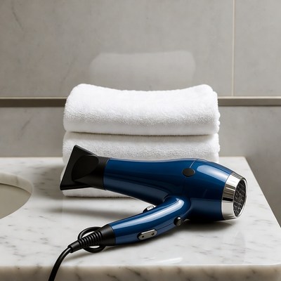 Blue Hair Dryer on Bathroom Counter