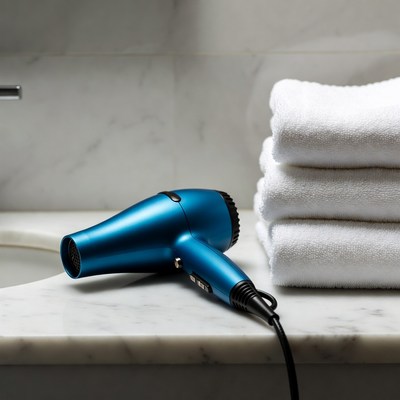 Blue hair dryer on marble counter