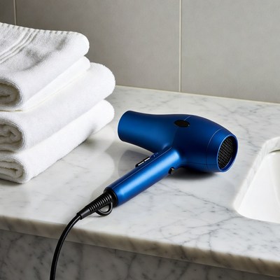 Blue hair dryer on marble counter