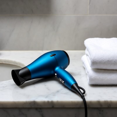 Blue hair dryer on marble bathroom counter