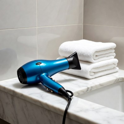 Blue Hair Dryer on Bathroom Counter