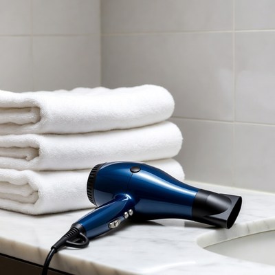 Blue Hair Dryer on Towels