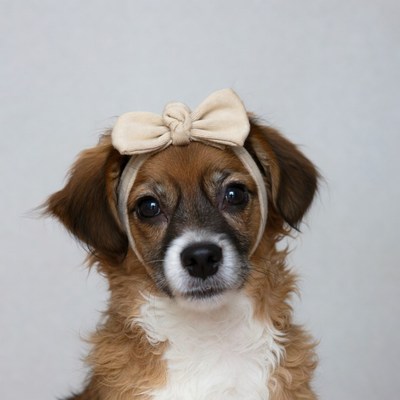 Puppy wearing beige bow headband