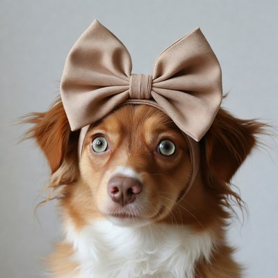 Dog wearing large beige bow