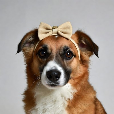 Dog wearing beige bow headband