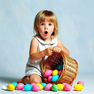 Blonde toddler girl with Easter eggs
