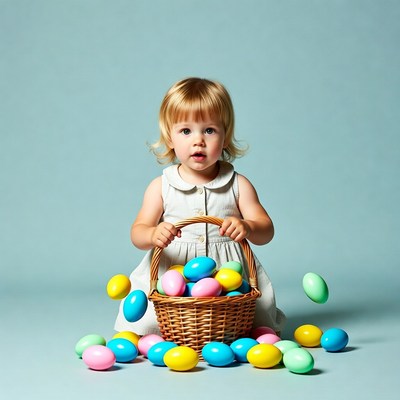 Blonde toddler girl holding Easter basket