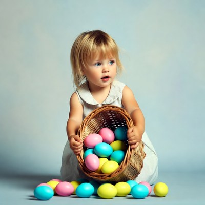Blonde toddler girl holding Easter basket