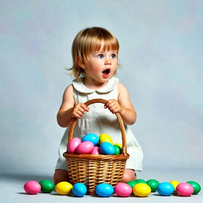 Blonde toddler girl with Easter eggs