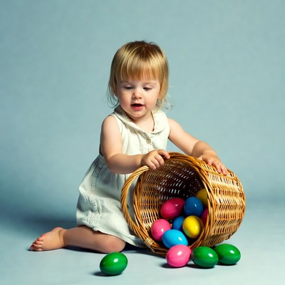 Blonde toddler girl with Easter eggs