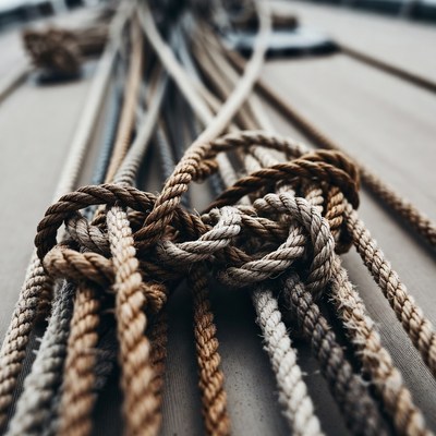 Close-up of tangled nautical ropes