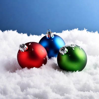 Red Blue Green Christmas Ornaments on Snow