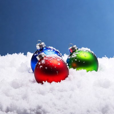 Red Blue Green Christmas Ornaments on Snow