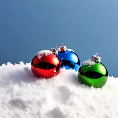 Red Blue Green Ornaments on Snow