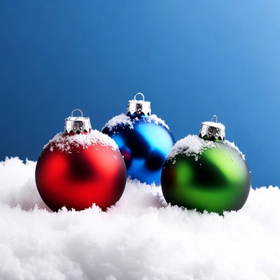 Red Blue Green Christmas Ornaments on Snow