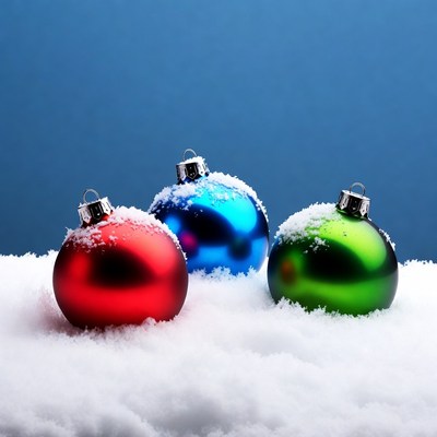 Red Blue Green Christmas Ornaments on Snow