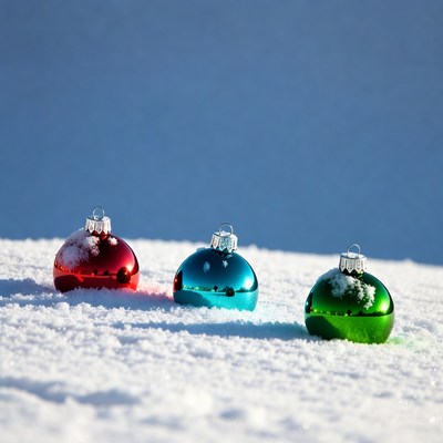Red Blue Green Christmas Ornaments in Snow