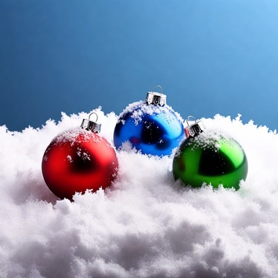 Red Blue Green Christmas Ornaments on Snow