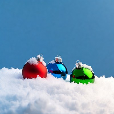 Red Blue Green Christmas Ornaments on Snow