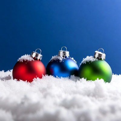 Red Blue Green Christmas Ornaments on Snow