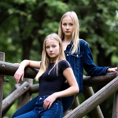 Two blonde girls leaning on wooden bridge