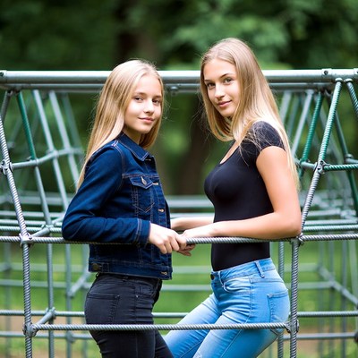 Two blonde girls leaning on playground frame