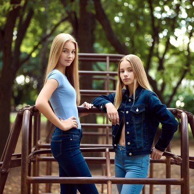 Two blonde girls posing at playground