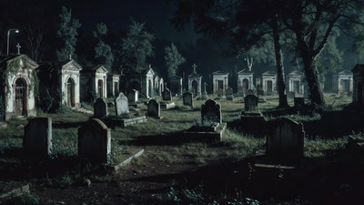 Eerie Nighttime Cemetery with Tombstones