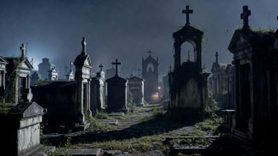 Spooky foggy cemetery at night
