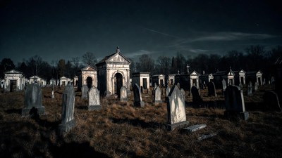 Moonlit Cemetery with Tombs and Gravestones