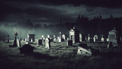 Eerie foggy graveyard with ghosts