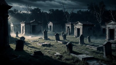 Eerie foggy cemetery at night