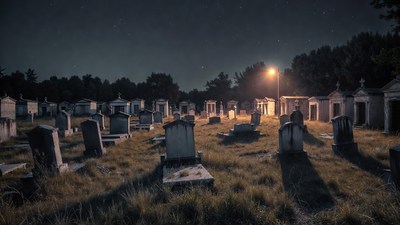 Cemetery at Night with Streetlamp