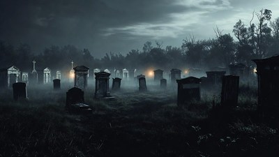 Foggy Cemetery at Night