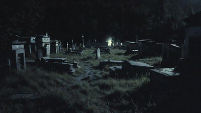 Dark foggy graveyard at night