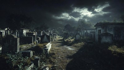 Eerie Moonlit Cemetery at Night