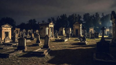 Cemetery at Night with Tombs