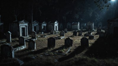 Moonlit Cemetery with Tombs and Gravestones